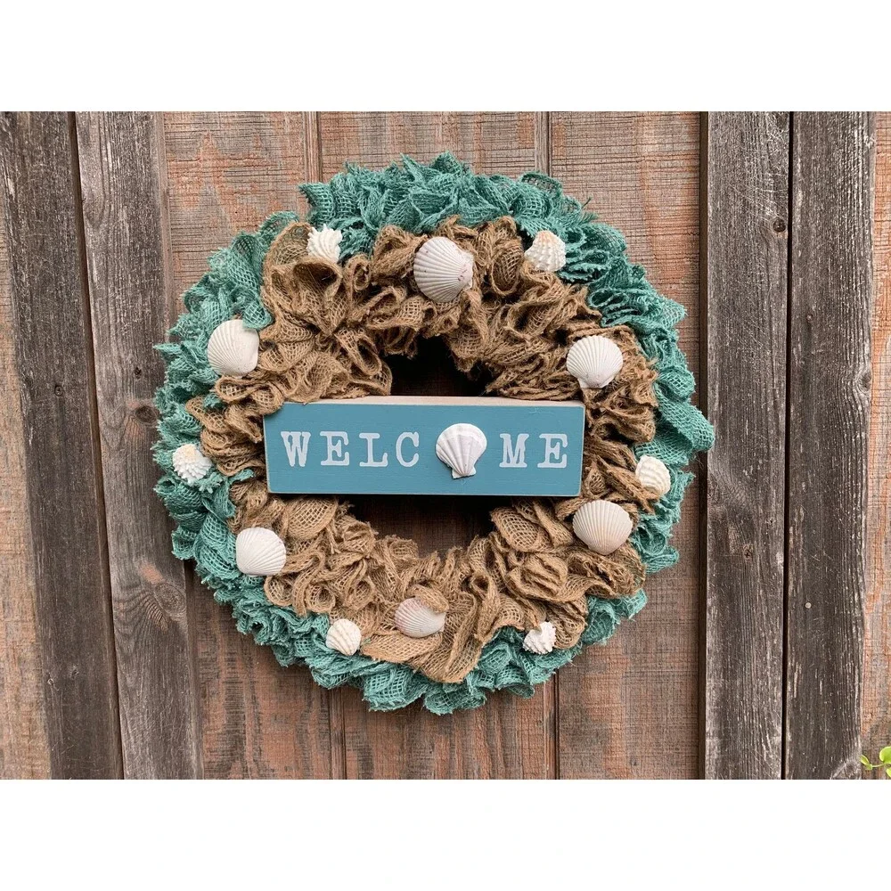Beachy Coastal WELCOME Wreath Ruffle Aqua/Natural Bulap & Seashells Handmade New